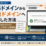 無料ドメインから独自ドメインへ移行する流れを初心者向けに解説したアイキャッチ画像。無料で始める方法、独自ドメインへの移行、レンタルサーバー、Search Console、FileZilla、AI活用を紹介。