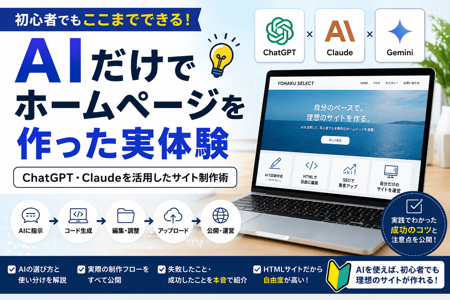AIを活用してホームページを作る方法を実体験をもとに解説したアイキャッチ画像。ChatGPT・Claudeを使ったサイト制作やAI活用術を紹介。