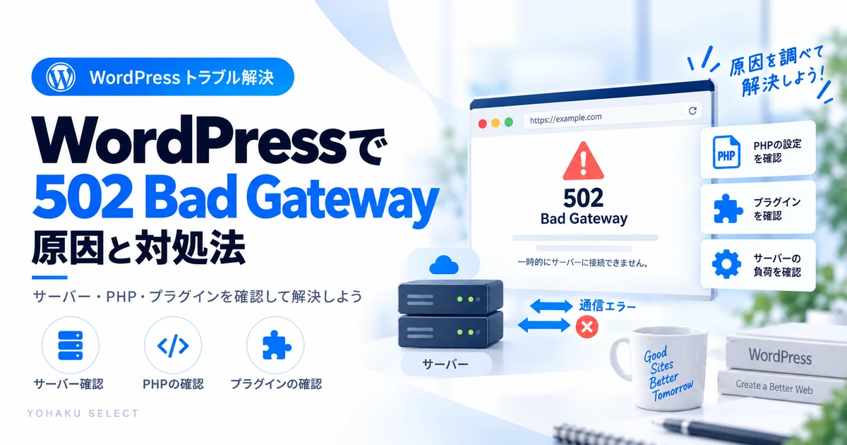 WordPressで502 Bad Gatewayが出る原因と対処法を解説するアイキャッチ